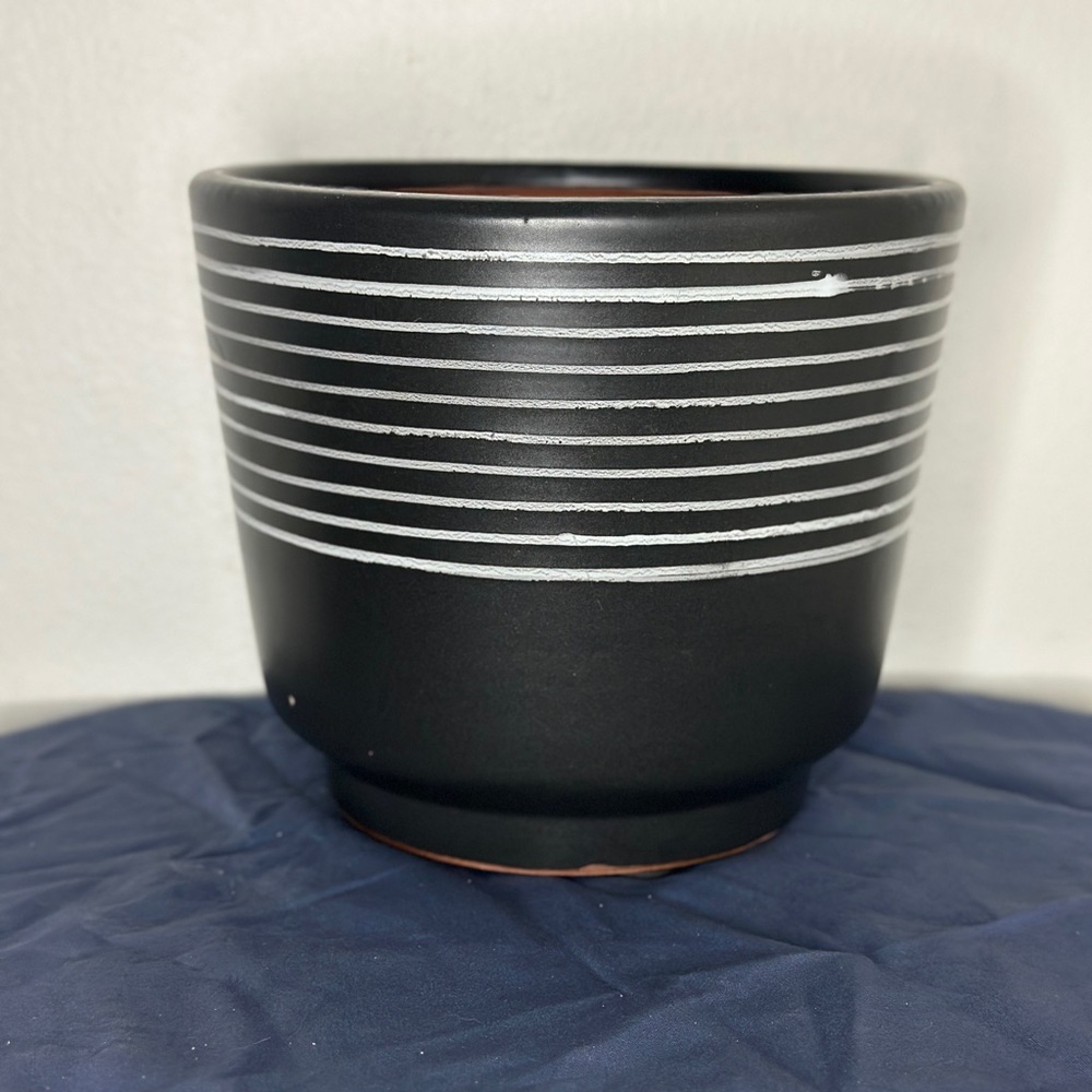 Kojo Black Ceramic with White Accent Stripes Planter Pot